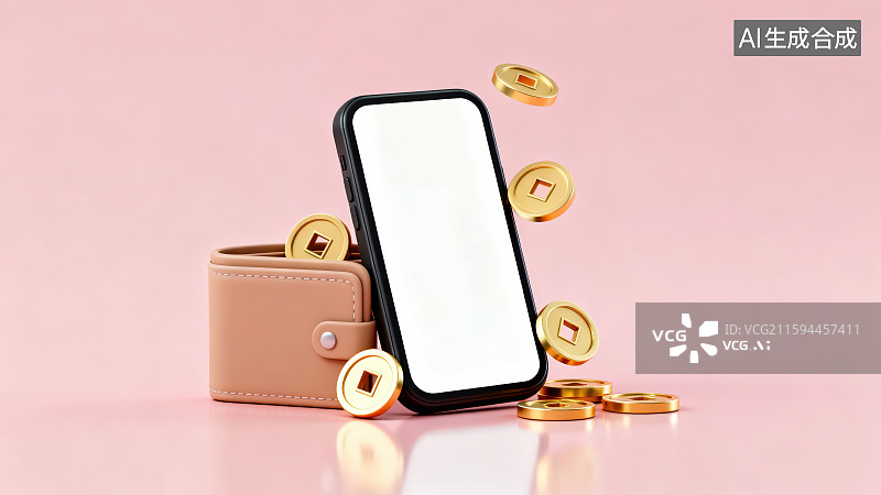 【AI数字艺术】纯色背景下一台黑色边框白色屏幕智能手机周边放置着浅棕色钱包和周边散落的方孔圆形金币硬币图片素材