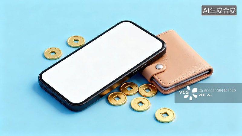 【AI数字艺术】纯色背景下一台黑色边框白色屏幕智能手机周边放置着浅棕色钱包和周边散落的方孔圆形金币硬币图片素材