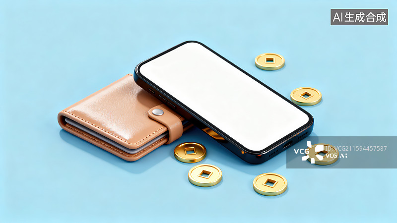 【AI数字艺术】纯色背景下一台黑色边框白色屏幕智能手机周边放置着浅棕色钱包和周边散落的方孔圆形金币硬币图片素材