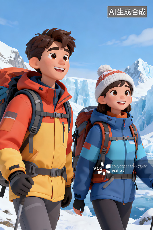 【AI数字艺术】3D三维立体C4D冬天青年伴侣情侣两个人户外露营徒步登山雪山冰川图片素材