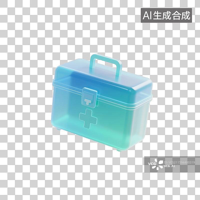 【AI数字艺术】3D渲染卡通医疗用品，透明质感，急救箱，医药箱，医院医疗医药安全保险，图形图标，免抠元素图片素材