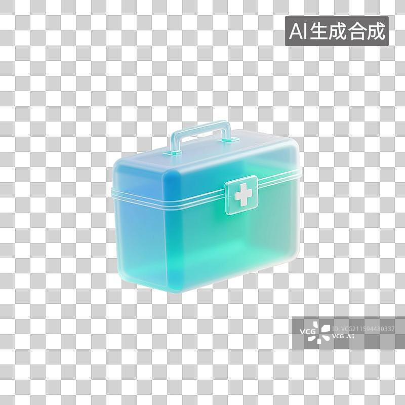 【AI数字艺术】3D渲染卡通医疗用品，透明质感，急救箱，医药箱，医院医疗医药安全保险，图形图标，免抠元素图片素材