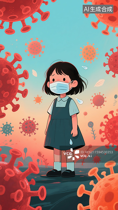 【AI数字艺术】戴口罩女孩与病毒环绕图片素材