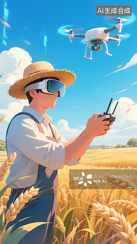 【AI数字艺术】农民用无人机和VR眼镜在麦田图片素材