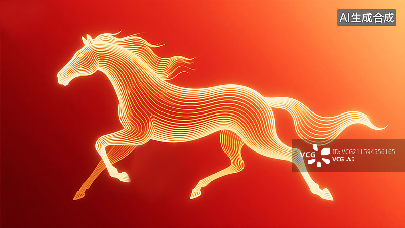 【AI数字艺术】红色背景中奔跑的金色流动线条组合成的金色骏马图片素材