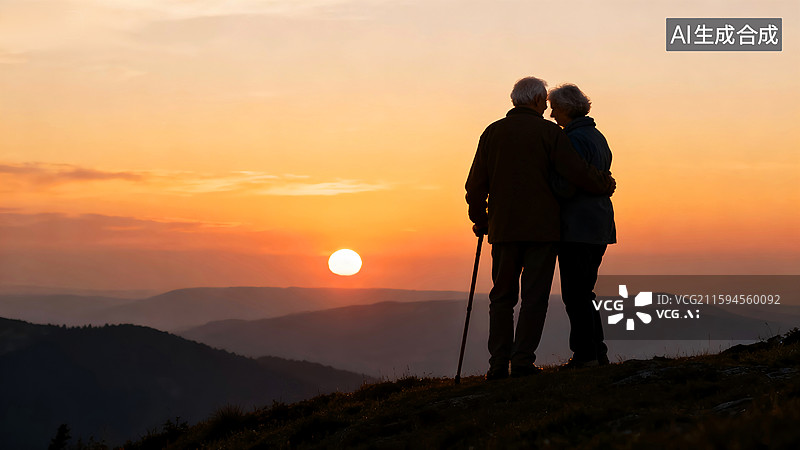 【AI数字艺术】中老年伴侣重阳节迎着朝阳登山图片素材