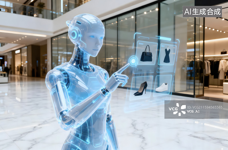 【AI数字艺术】机器人在商场进行虚拟时尚购物图片素材