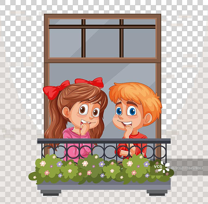 两个孩子在鲜花盛开的阳台上微笑图片素材