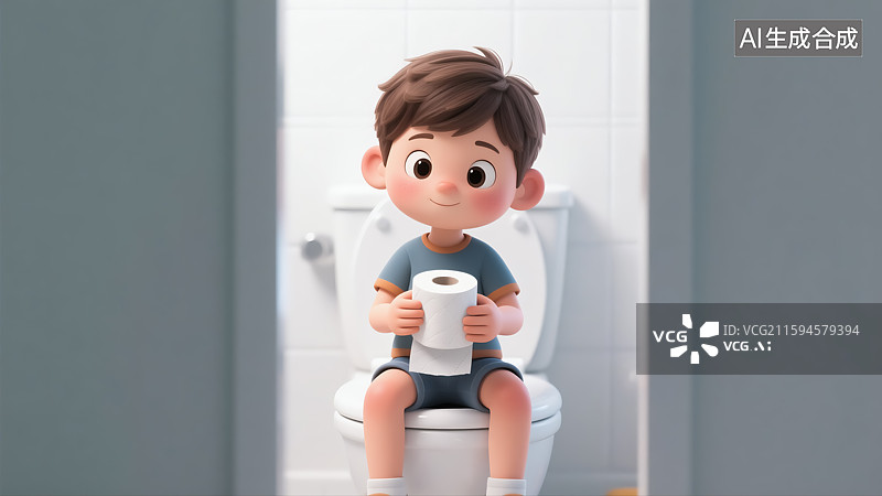 【AI数字艺术】坐在马桶上的男孩插画图片素材