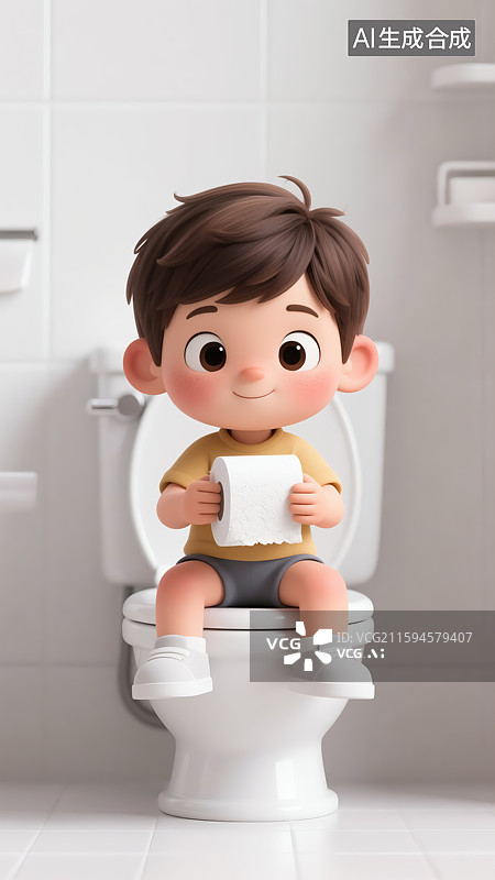【AI数字艺术】坐在马桶上的男孩插画图片素材