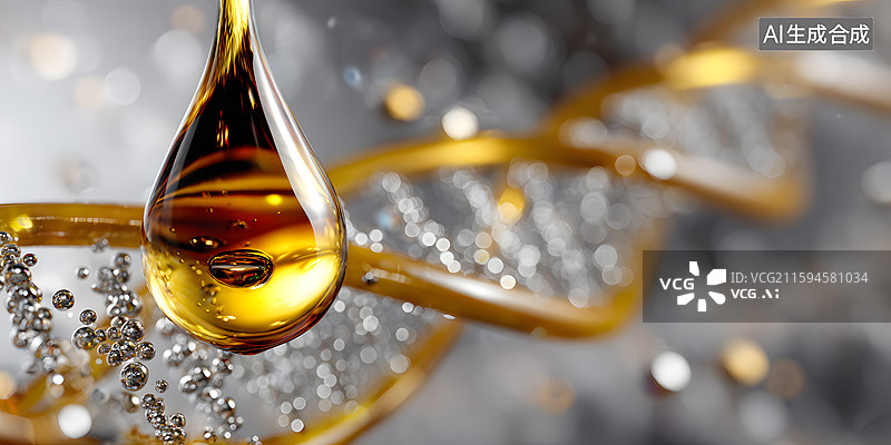 【AI数字艺术】金色液滴悬垂闪耀晶莹剔透图片素材
