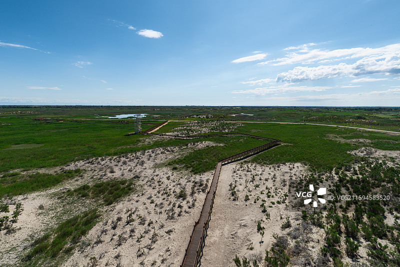 晴朗天气新疆福海县乌伦古湖国家湿地公园木栈道和远方公路图片素材