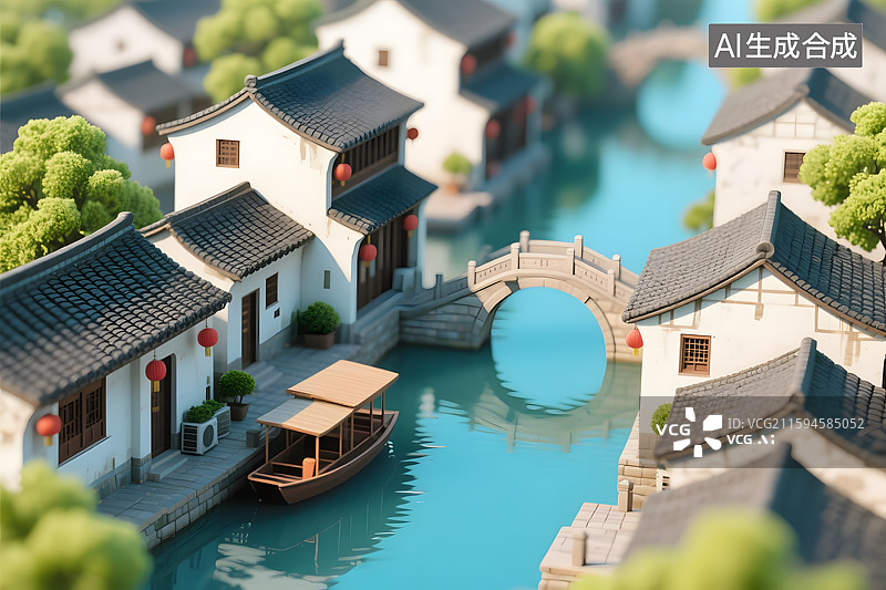 【AI数字艺术】江南水乡古镇风光3d图片素材