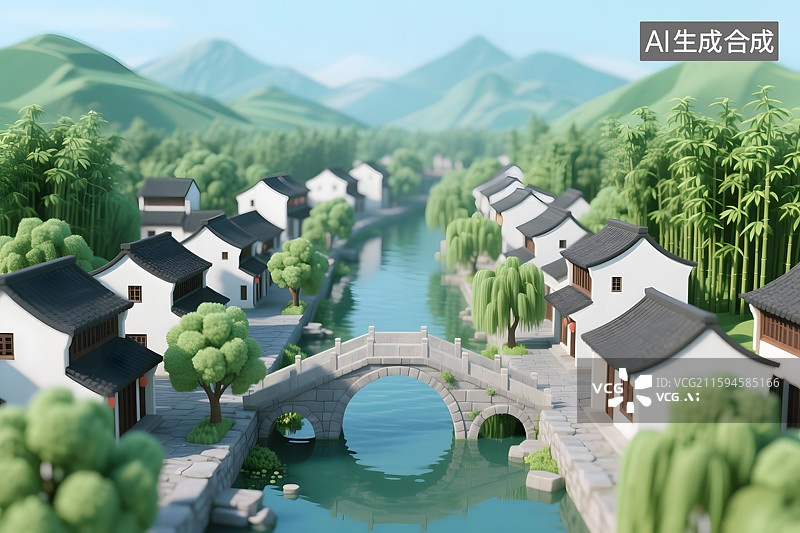 【AI数字艺术】江南水乡古镇风光3d图片素材