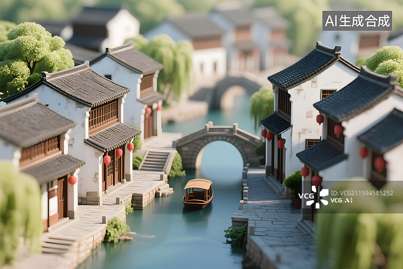 【AI数字艺术】江南水乡古镇风光3d图片素材