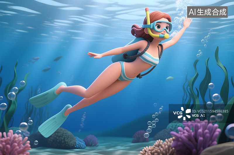 【AI数字艺术】3D卡通美女海底潜水，卡通女孩海底浮潜图片素材