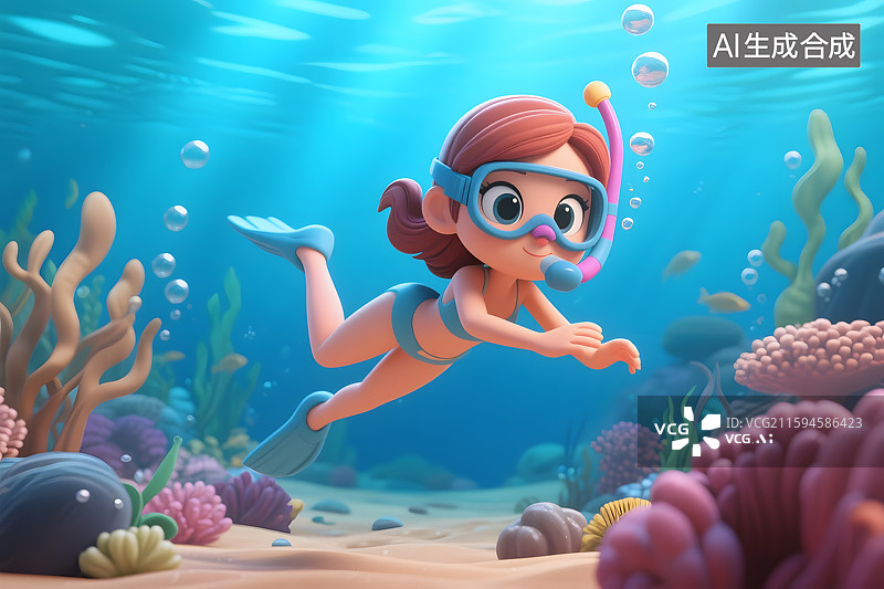 【AI数字艺术】3D卡通美女海底潜水，卡通女孩海底浮潜图片素材