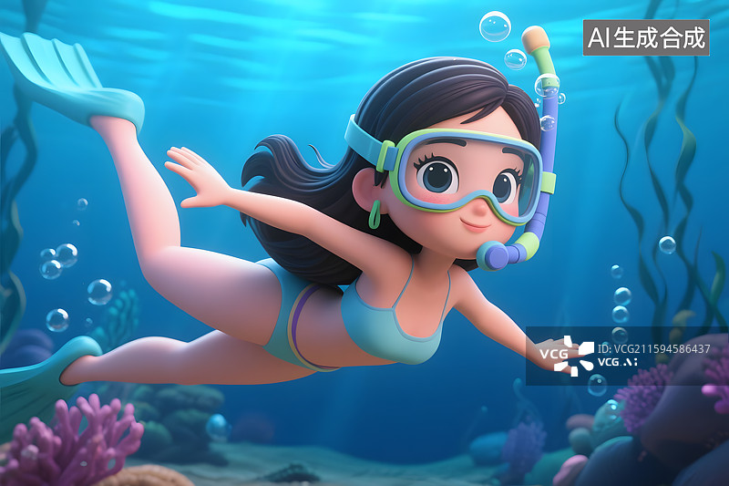 【AI数字艺术】3D卡通美女海底潜水，卡通女孩海底浮潜图片素材
