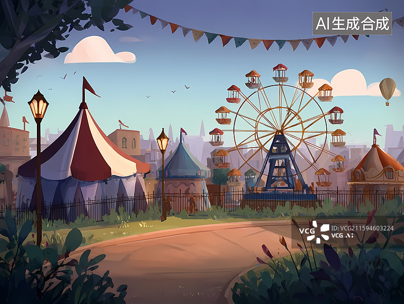 【AI数字艺术】卡通奇幻风格游乐园马戏团插图图片素材