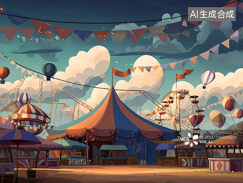【AI数字艺术】卡通奇幻风格游乐园马戏团插图图片素材