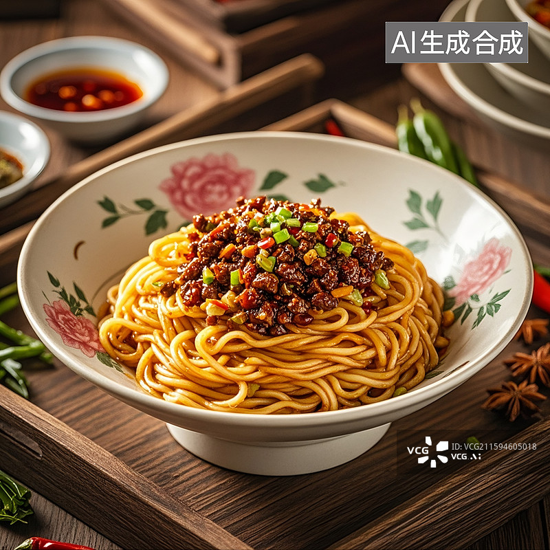 【AI数字艺术】牡丹花的陶瓷碗装满一碗牛肉酱拌面，麻辣鲜香，麻辣好吃，让人垂涎欲滴图片素材