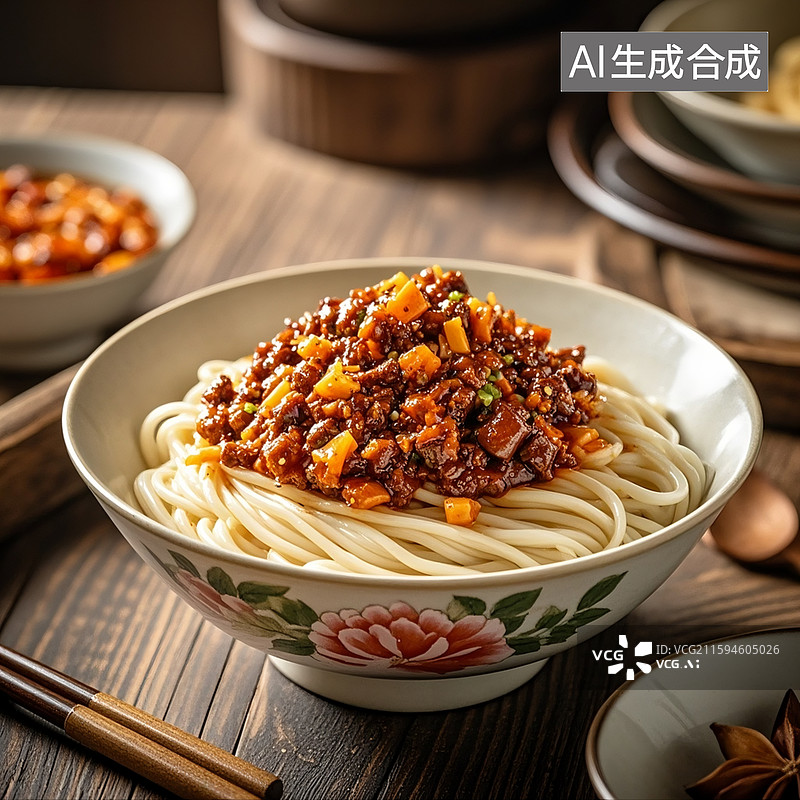 【AI数字艺术】牡丹花的陶瓷碗装满一碗牛肉酱拌面，麻辣鲜香，麻辣好吃，让人垂涎欲滴图片素材