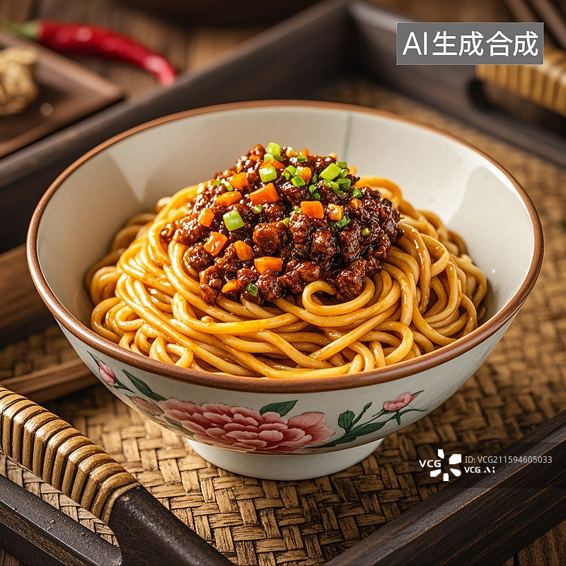 【AI数字艺术】牡丹花的陶瓷碗装满一碗牛肉酱拌面，麻辣鲜香，麻辣好吃，让人垂涎欲滴图片素材