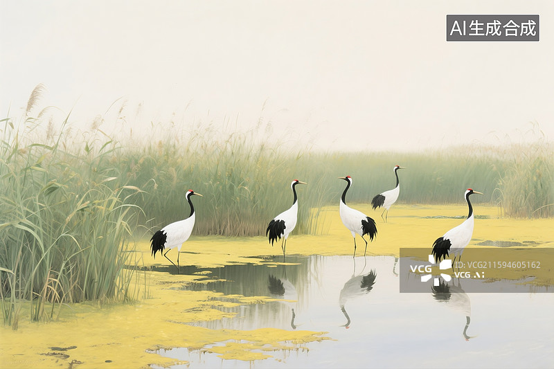 【AI数字艺术】写实风，大面积留白，中式美学，夏天，芦苇荡，几只丹顶鹤在栖息，池塘，黄色，沼泽，写实画风格图片素材