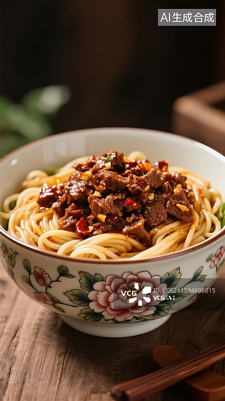 【AI数字艺术】牡丹花的陶瓷碗装满一碗牛肉酱拌面，麻辣鲜香，麻辣好吃，让人垂涎欲滴图片素材
