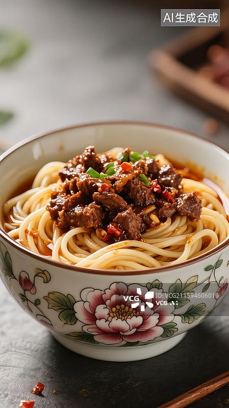 【AI数字艺术】牡丹花的陶瓷碗装满一碗牛肉酱拌面，麻辣鲜香，麻辣好吃，让人垂涎欲滴图片素材