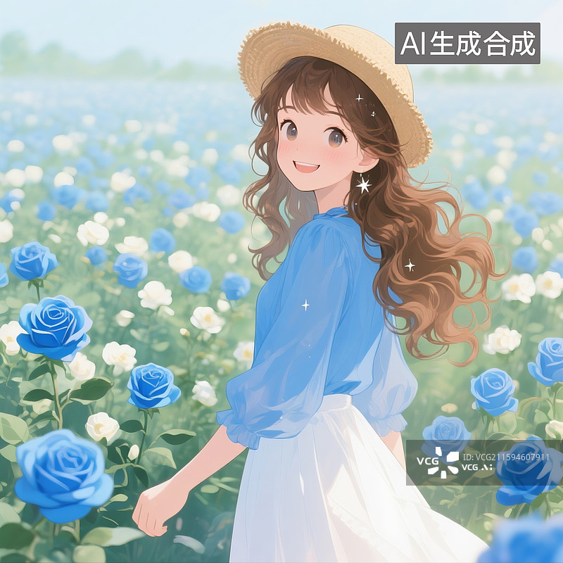 【AI数字艺术】蓝玫瑰花海，一位卷发大波浪女孩，插画，动漫画风棕色长卷发，蓝色雪纺衬衫，白色裙子图片素材