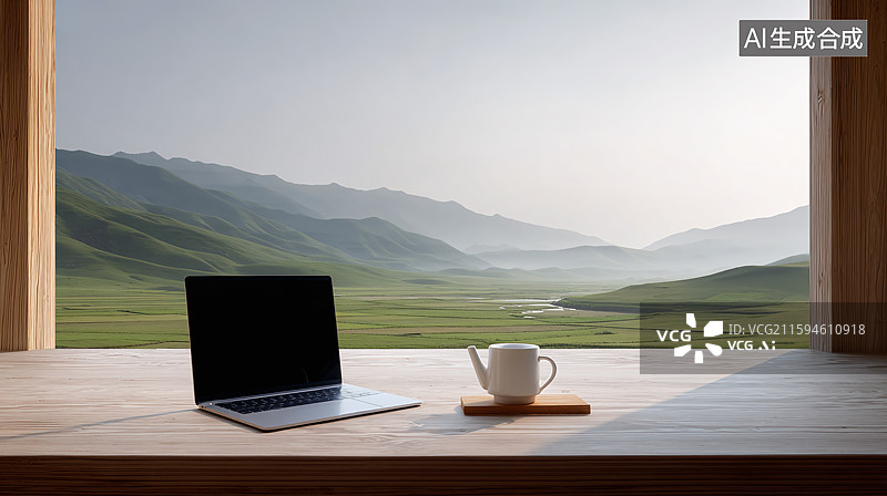 【AI数字艺术】窗台上的笔记本电脑与窗外乡村田园自然风景图片素材