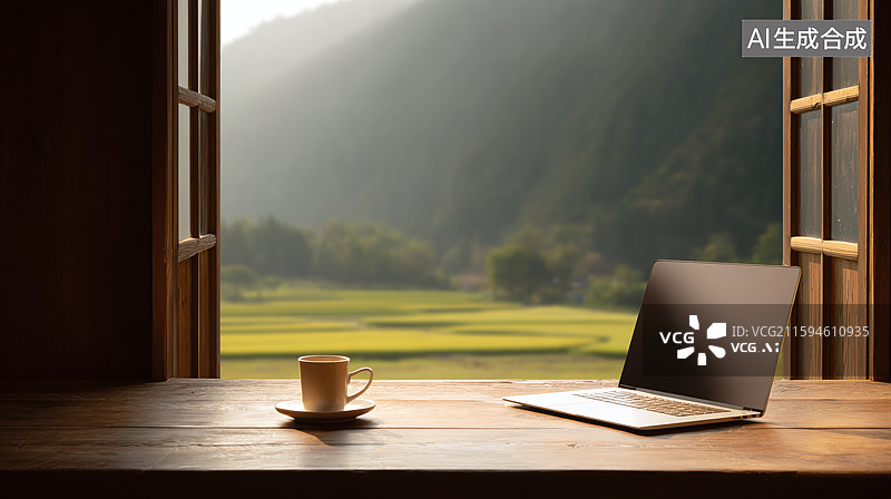 【AI数字艺术】窗台上的笔记本电脑与窗外乡村田园自然风景图片素材