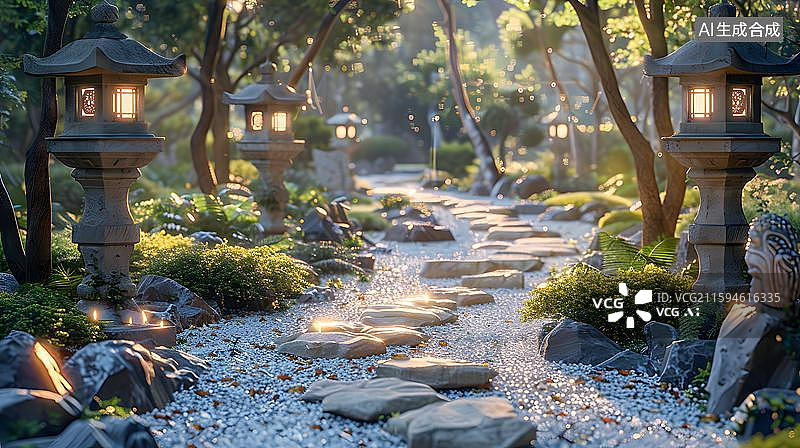 【AI数字艺术】日式庭院石灯笼景观 禅意小径灯笼夜景  日式庭院小路图片素材