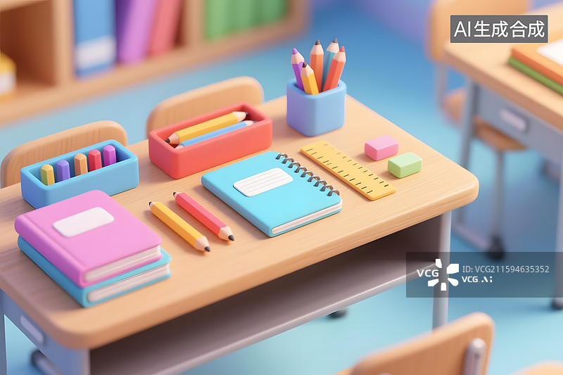 【AI数字艺术】3D卡通开学季学习用品，卡通风格办公文具书桌图片素材