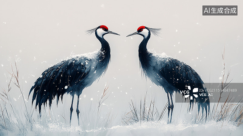【AI数字艺术】冬日雪中的丹顶鹤图片素材