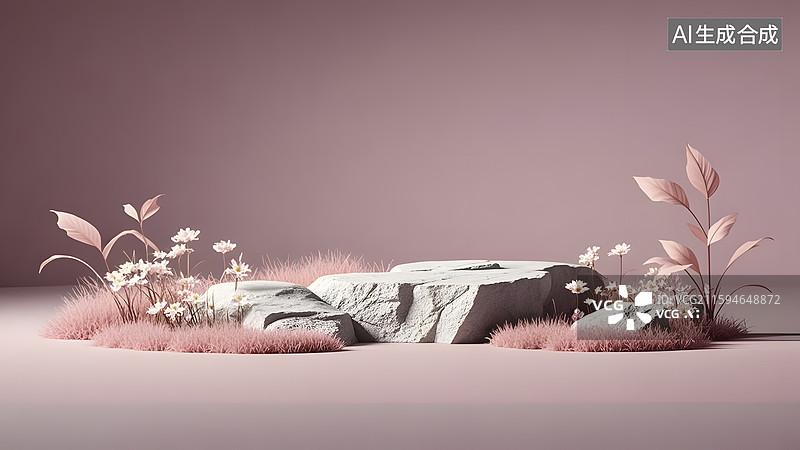 【AI数字艺术】浅粉色商品背景，小草坪上有个石块平台图片素材