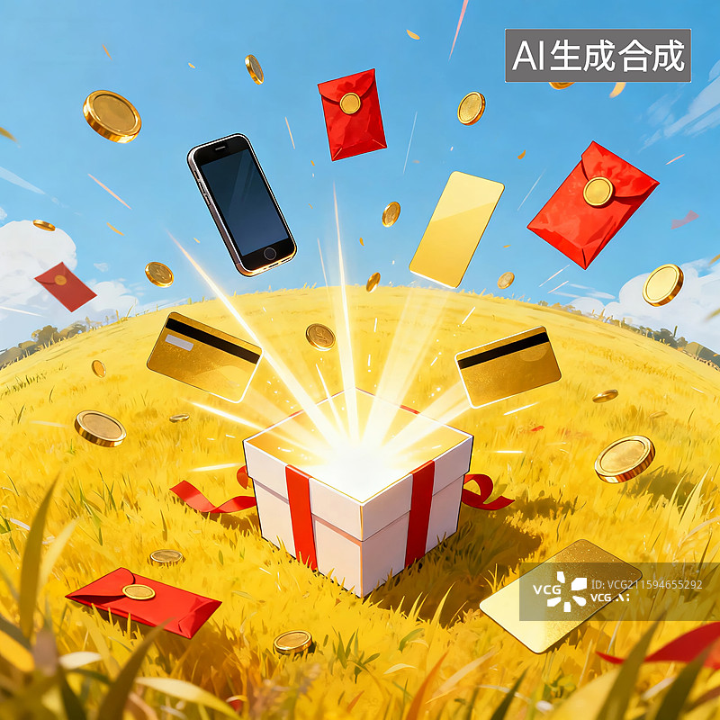 【AI数字艺术】秋季草地礼盒奖品金光四射图片素材