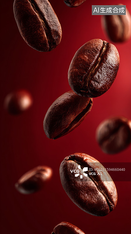 【AI数字艺术】红色背景下掉落的 roasted 咖啡豆特写图片素材