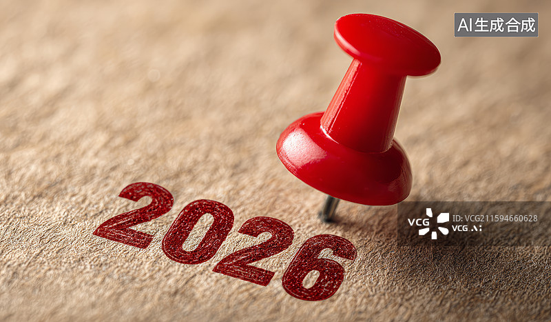 【AI数字艺术】2026年标记的红色图钉特写图片素材