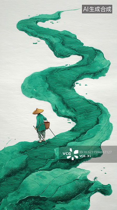 【AI数字艺术】农夫行于蜿蜒绿田图片素材