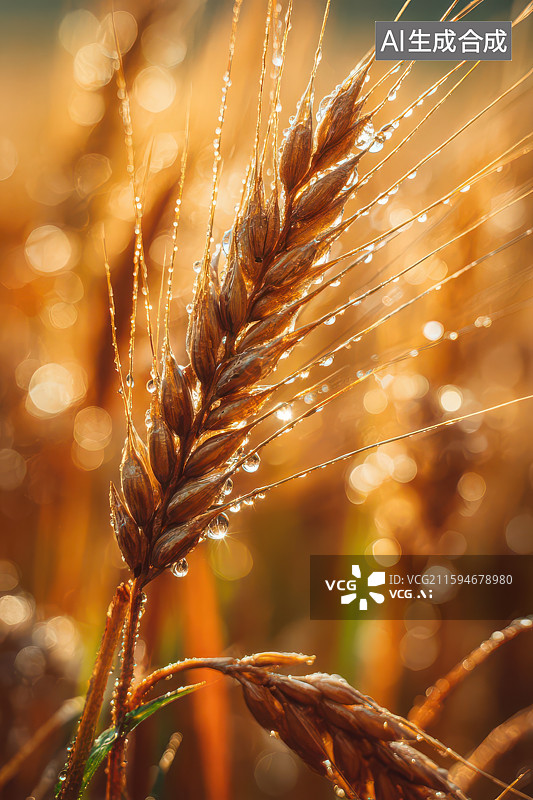 【AI数字艺术】金黄麦穗水珠光影丰收特写图图片素材