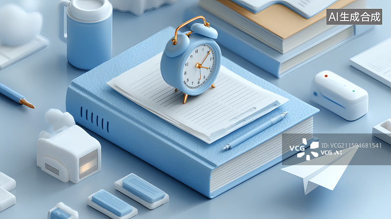 【AI数字艺术】蓝色背景，一本书籍上的闹钟与纸飞机，文具用品图片素材