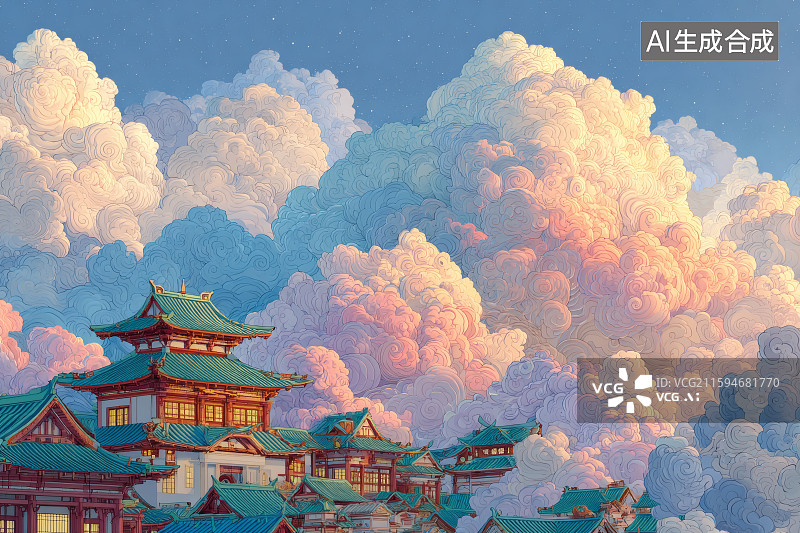【AI数字艺术】云朵下的一座古代建筑图片素材