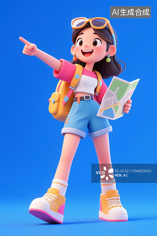 【AI数字艺术】3D三维立体C4D现代都市时尚潮流女孩女性青年人看地图旅行指路卡通形象图片素材