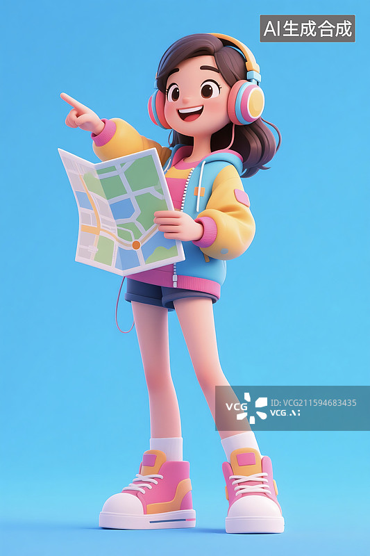 【AI数字艺术】3D三维立体C4D现代都市时尚潮流女孩女性青年人看地图旅行指路卡通形象图片素材
