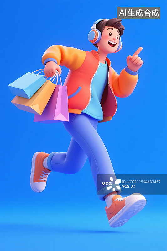 【AI数字艺术】3D三维立体C4D现代都市时尚潮流男性男孩青年人购物节卡通形象图片素材