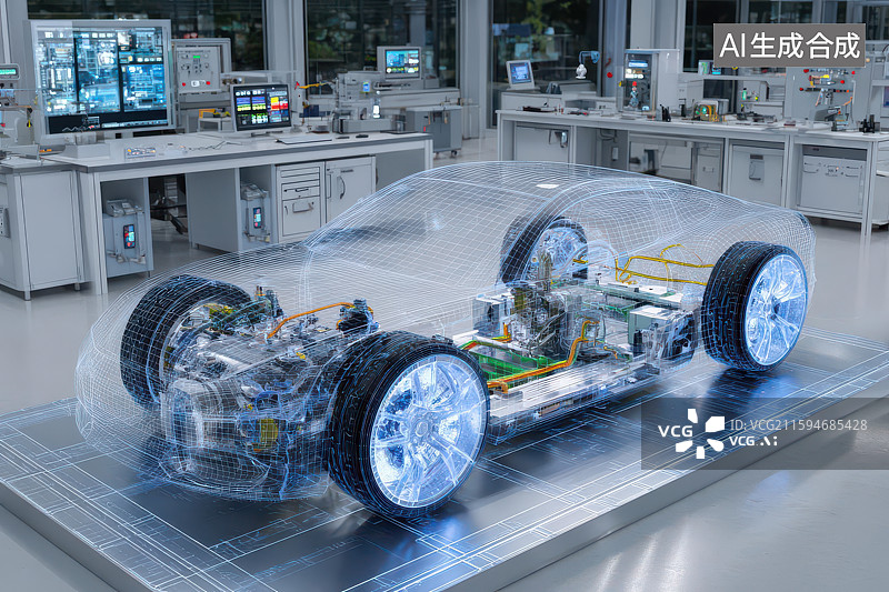 【AI数字艺术】透明汽车底盘实验室设备科技展示图片素材