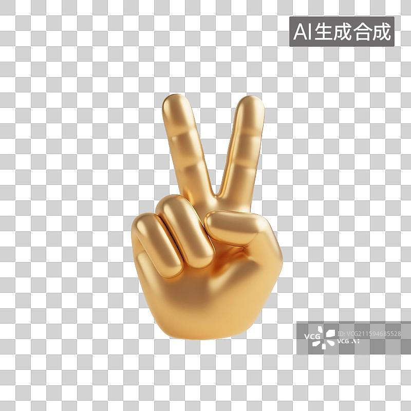 【AI数字艺术】3D渲染，金属质感，金色，胜利手势，比耶手势，手，图形图标，免抠元素图片素材