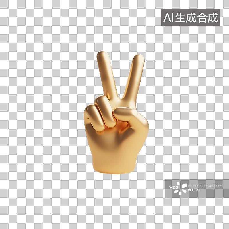 【AI数字艺术】3D渲染，金属质感，金色，胜利手势，比耶手势，手，图形图标，免抠元素图片素材
